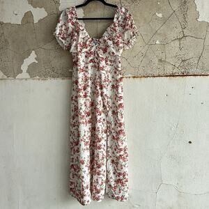 Puff Sleeve Midi Dress Floral Cottagecore White Pink Rose Print Size M NWT